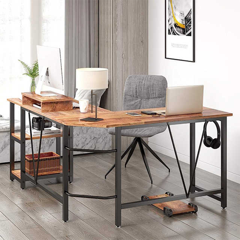 What ensures the stability of the connection structure between the L-shaped steel and wood desk?
